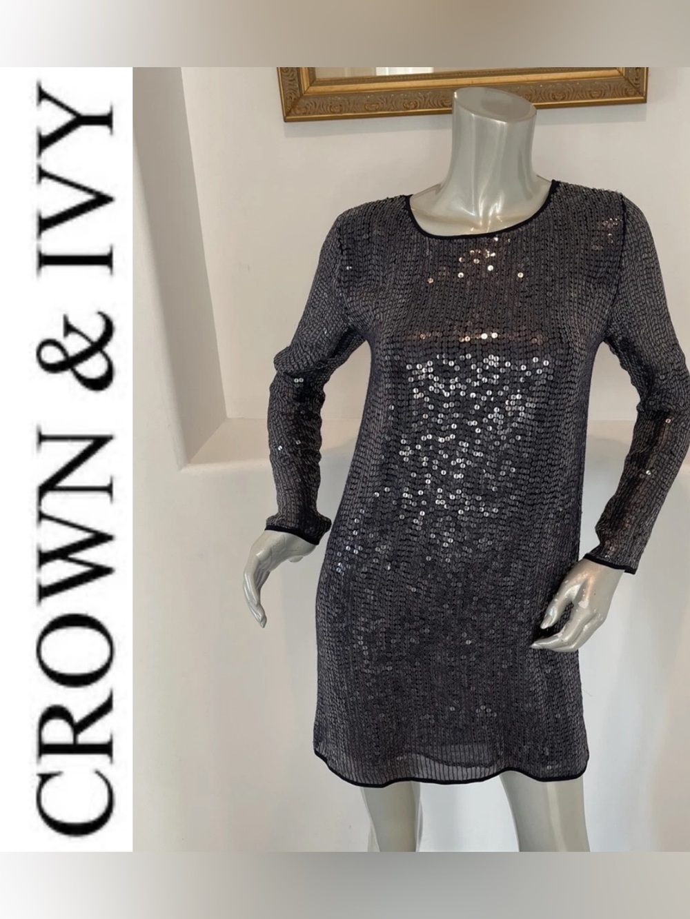 Crown & Ivy Black Sequined Long-Sleeve cocktail Dress